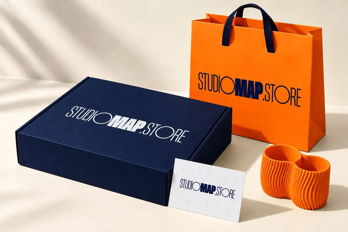 Embalagens Studio Map Store em azul-marinho e laranja