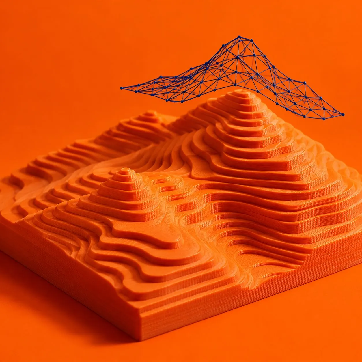 Relevo topográfico laranja com malha sobreposta