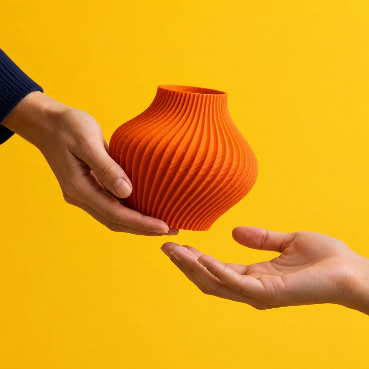 Mãos entregando um vaso laranja sobre fundo amarelo